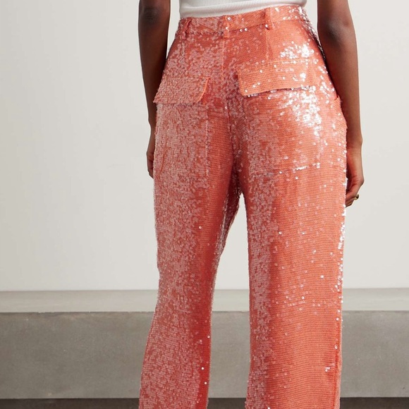 SALLY LAPOINTE Sequin Embellished Top Pants FULL SET in Coral Sz 12 US - Picture 13 of 14